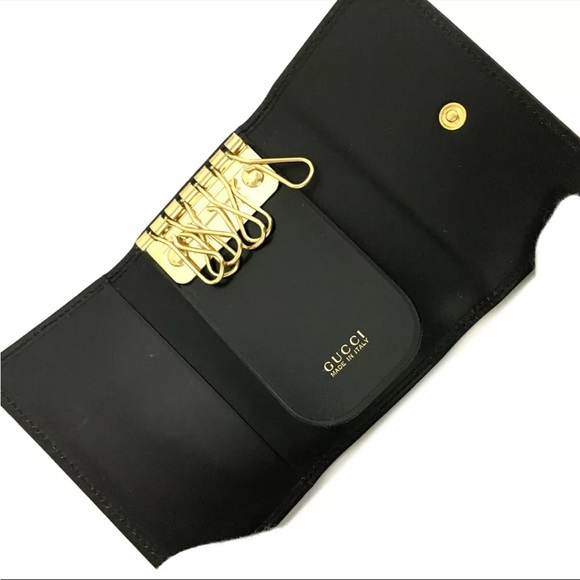 Black GUCCI G Logo Leather 6 Ring Key Case keys wallet holder with all hooks - Picture 3 of 8